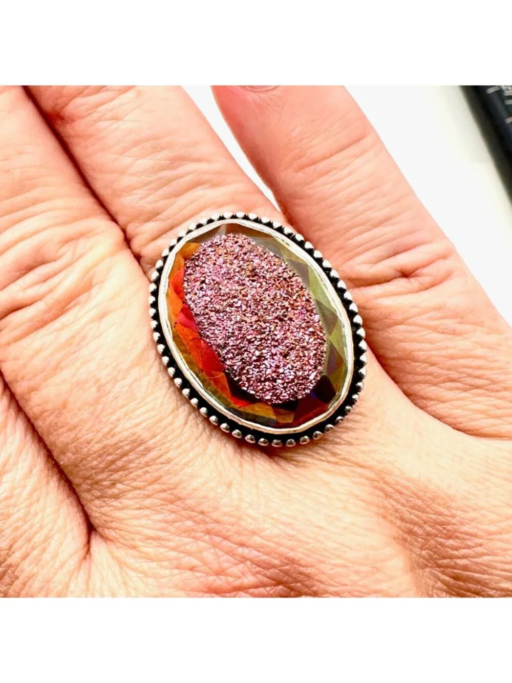 Colleen Lopez Womens Ring Sterling Silver Pink Drusy Quartz Adjustable Statement